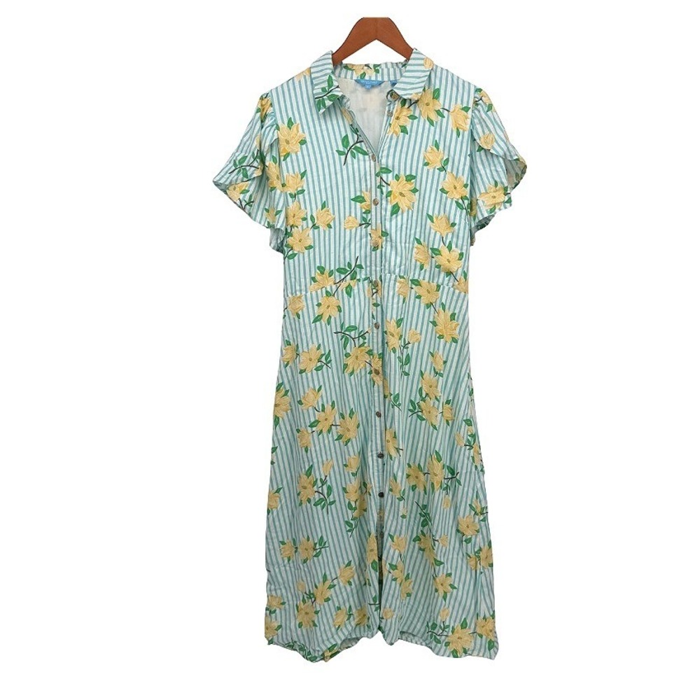 Draper James‎ RSVP Dress Floral Striped Linen Blend Midi Southern Preppy Large
